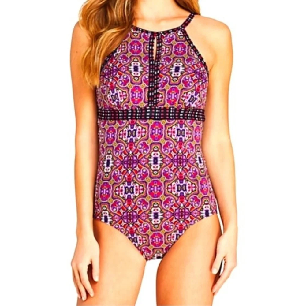 Lands' End High Neck Pink Colorful Printed One Piece Swimsuit Size 2